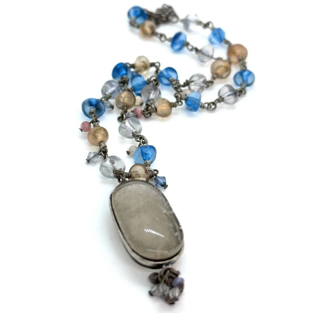 Vintage Monet Quartz Pendant Pastel Beaded Necklace Blue Peach